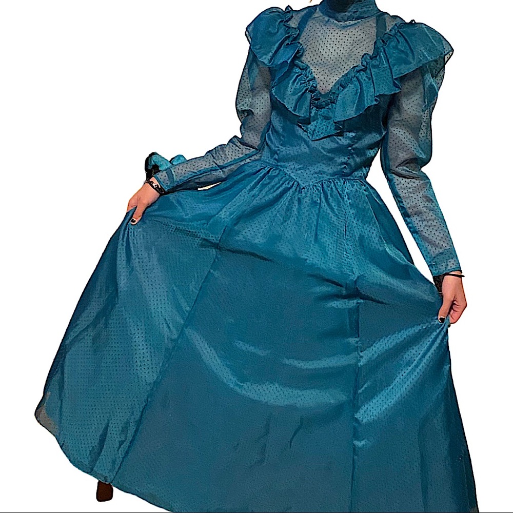 Vintage 80s Gunne Sax Dress Teal Swiss Dot Gown